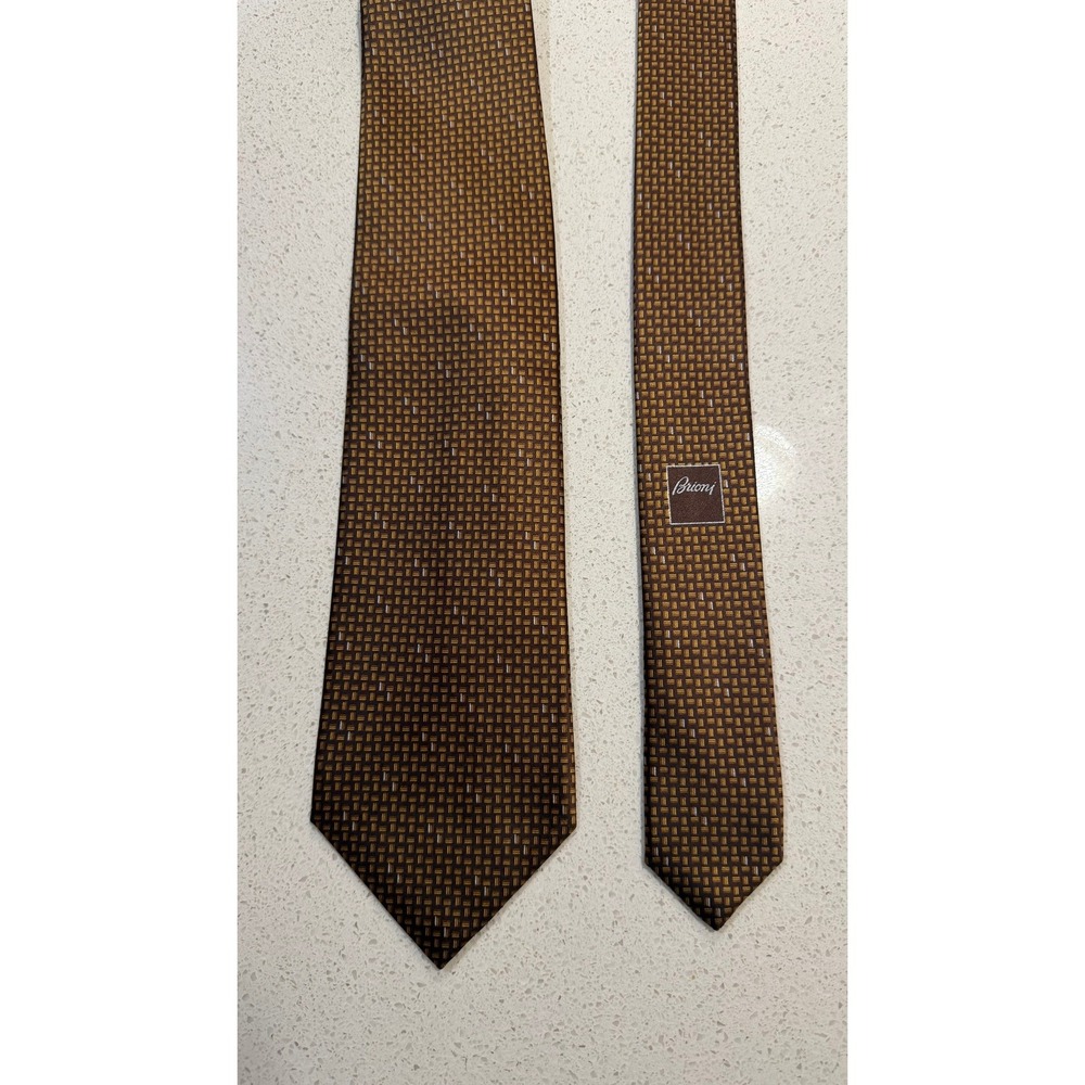 Brioni Bronze Brown Basketweave Silk Tie Hand Made Italy Geometric
